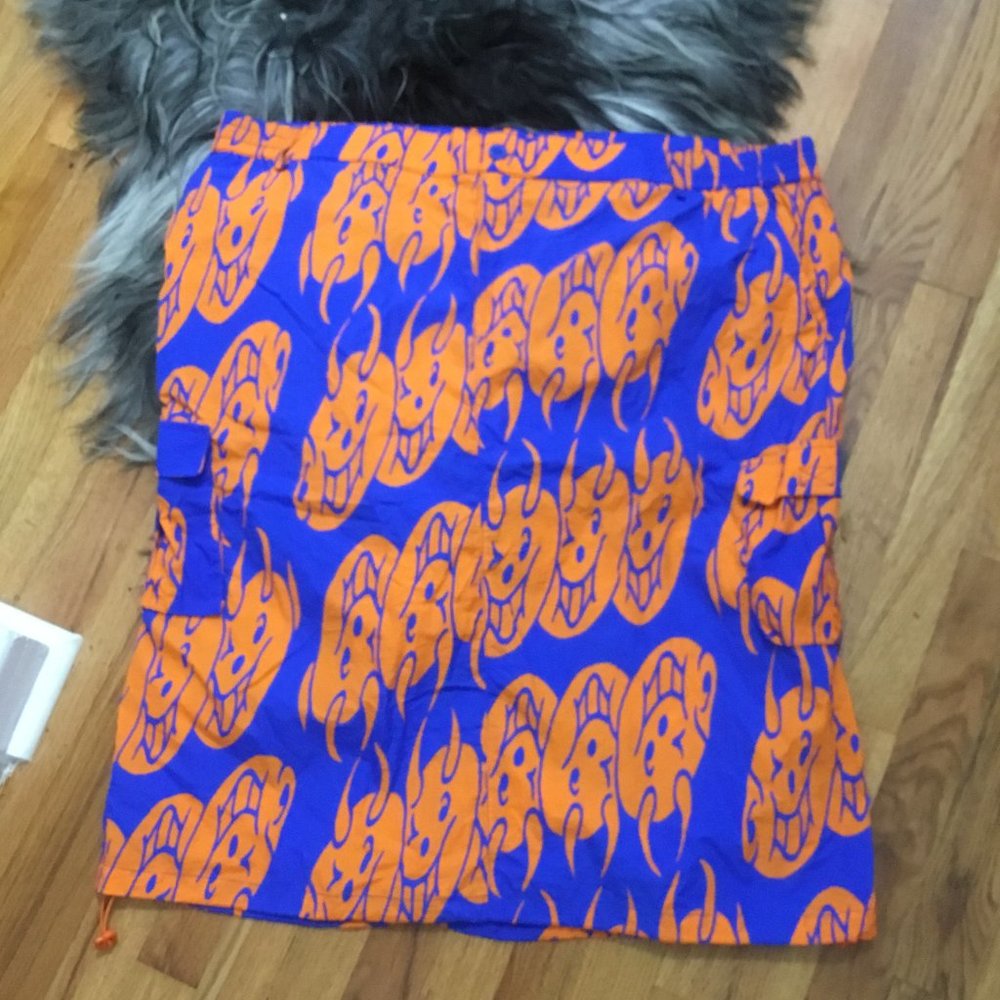 Lazy Oaf Orange Flame Face Print Midi Skirt on Purple